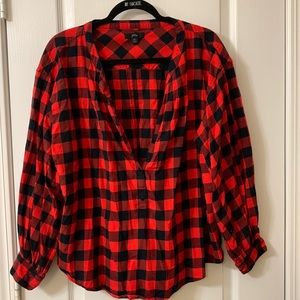 J. Crew red buffalo check flannel puff-sleeve shirt size XL